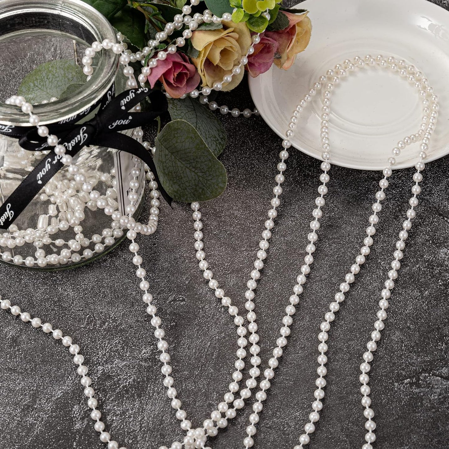 4mm Crafts Faux Pearl Beads Garland Pearl Bead Roll Strand of Pearls to Decorate Floral Centerpieces Wedding Party Favor Christmas Tree(131 Feet Silver)