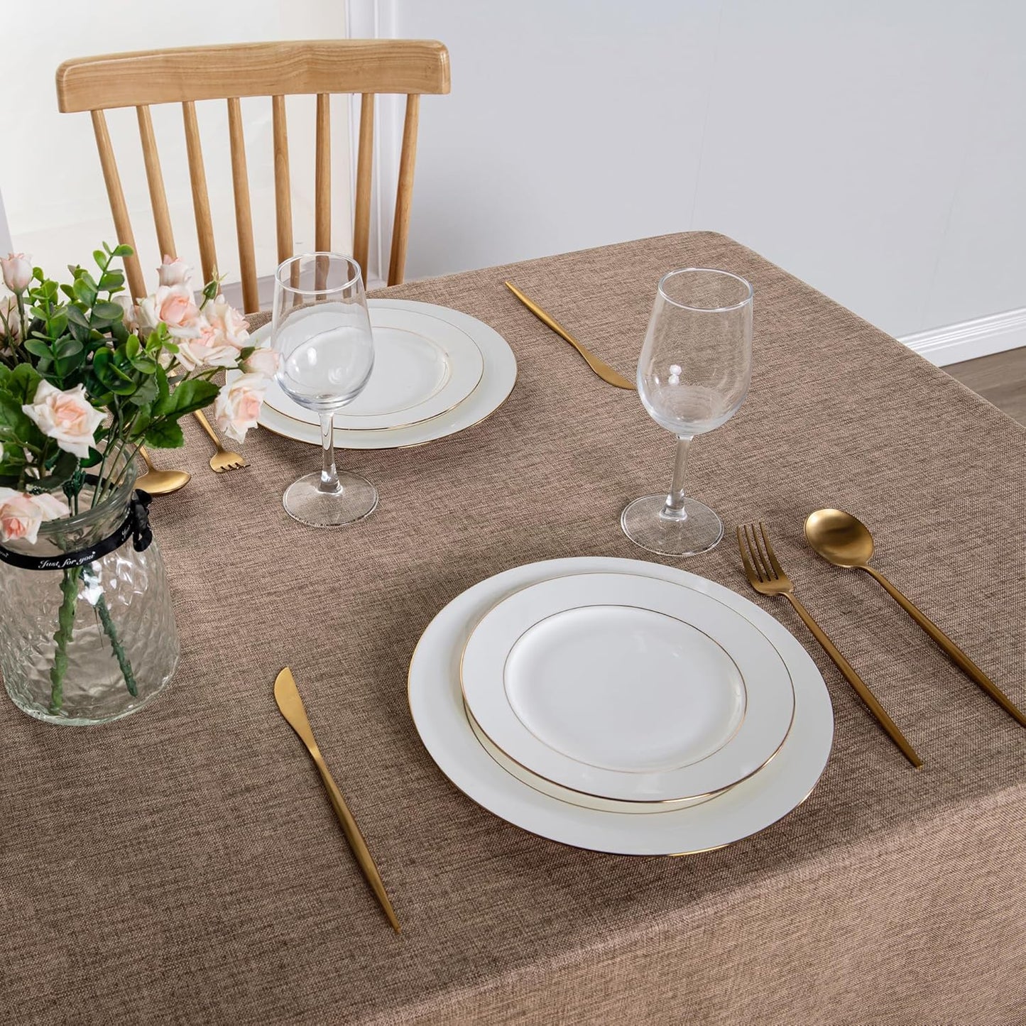 Hiasan Faux Linen Rectangle Tablecloth - Wrinkle and Stain Resistant Washable Table Cloth for Kitchen Dining Room Holiday Table Cover for Party Dinner, Khaki, 52 x 70 Inch