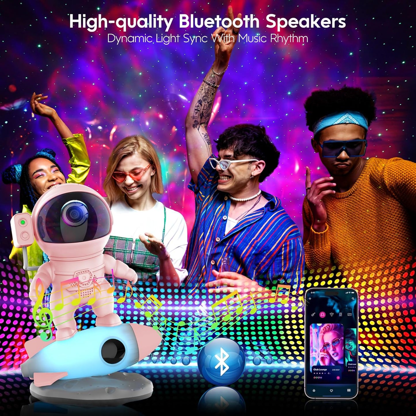 FlyEagle Astronaut Galaxy Projector, Star Nebula Projector with Rocket Lamp, Night Lights LED Star Projector for Bedroom, Remote Control, White Noises, Bluetooth Speaker for Bedroom, BL-HJ07
