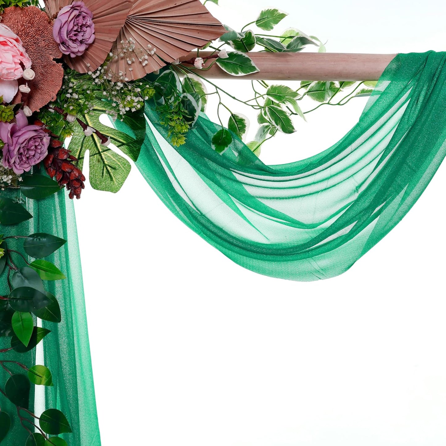 VDS Pack of 2 Panel (30 Inch X 50 Feet) Wedding Arch Draping Fabric Sheer Chiffon Fabric Drapery for Wedding Ceremony Reception Swag Backdrop Canopy Chuppah ARBO Altars Decoration (Emerald)
