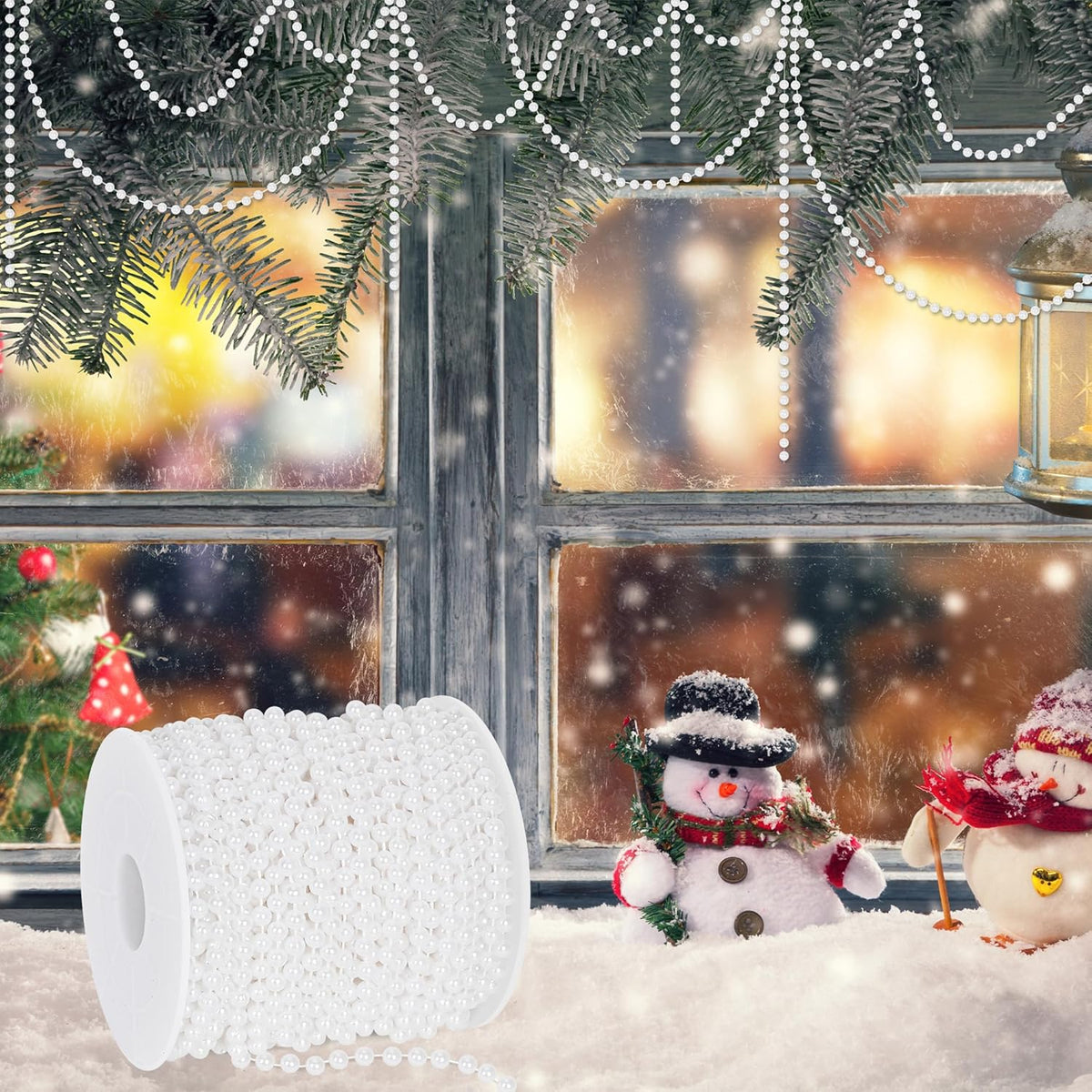 100 Feet White Christmas Tree Garland, Artificial Beads Strands Chain, Christmas Tree Decorations for DIY Xmas Tree Decorations Fireplace Balcony Home Party Decor