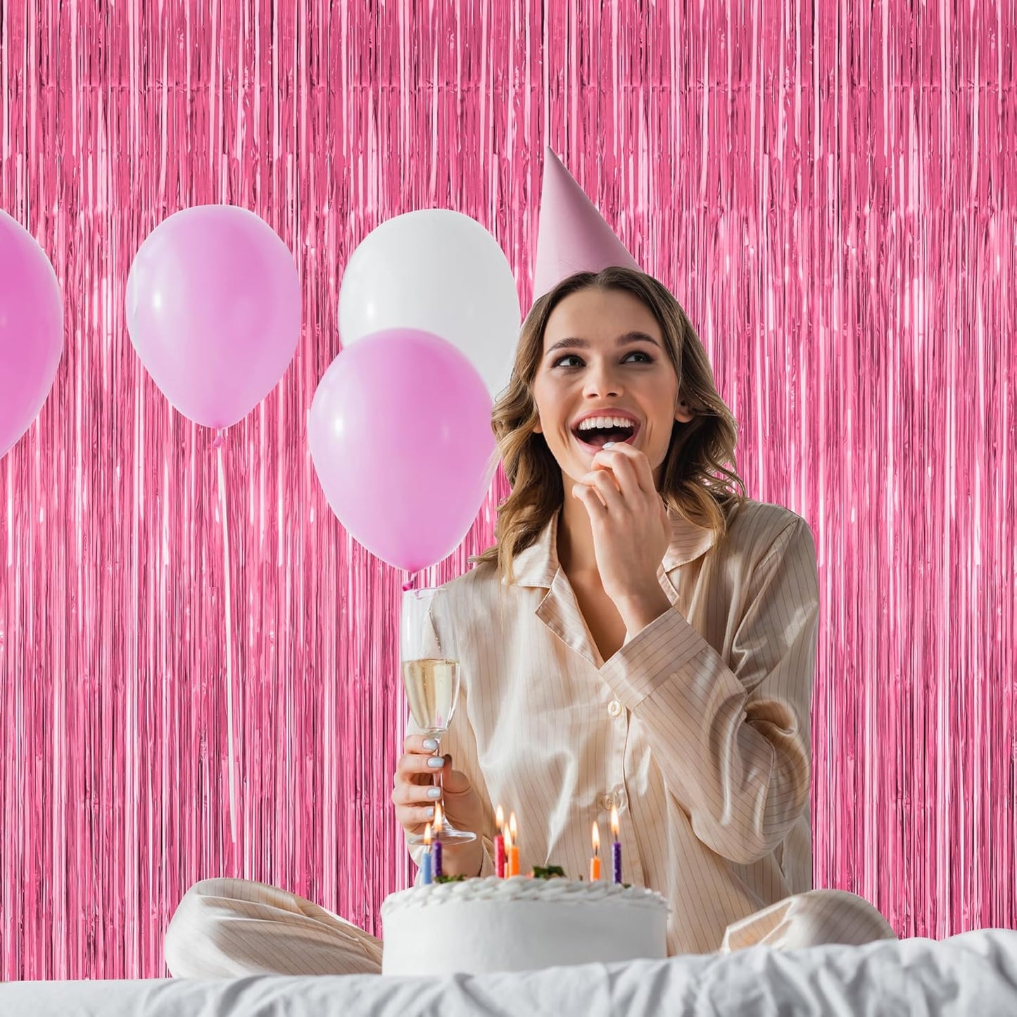 4 Pack Birthday Decorations, 3.28 FT x 7.05 FT Pink Backdrop, Metallic Happy Birthday Backdrop Fringe Curtains Party Streamer, Bachelorette Party Decorations Princes Birthday Party Decor