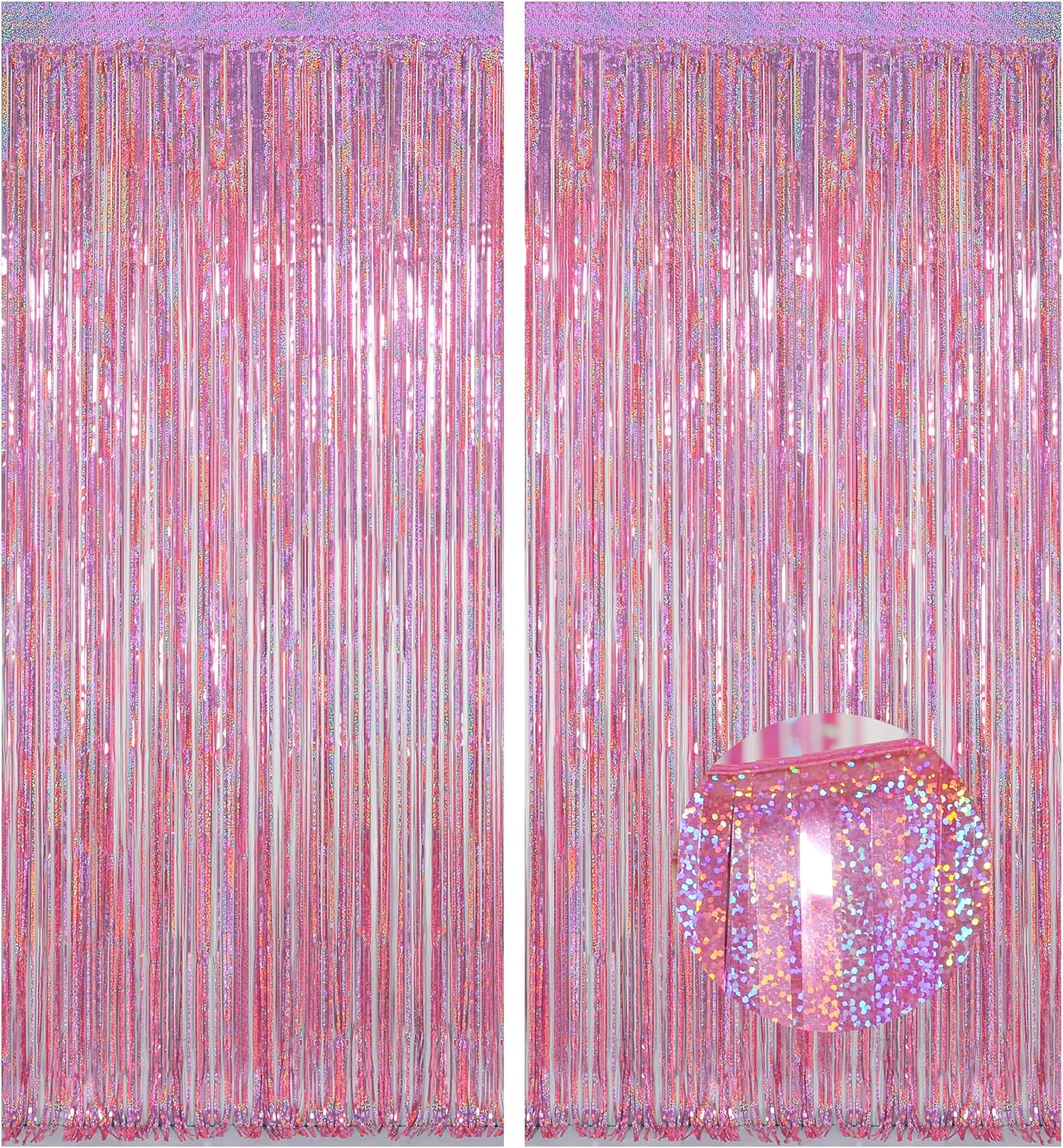 Melsan Pink Tinsel Curtains Backdrop, 3.2 ft x 8.2 ft Sparkle Metallic Foil Curtains for Unicorn Mermaid Princess Party Photo Background Decoration, 2 Pack