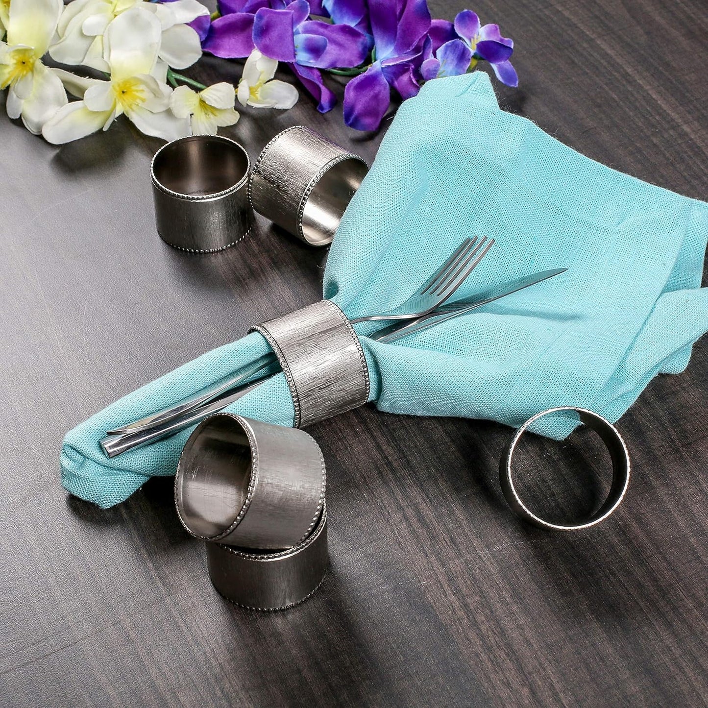 12 Pack Decorative Napkin Ring - Heavy Duty Metal Round Napkin Holders, Silver Electroplated Finish with Beaded Edge, Vintage Rustic Metal Napkin Rings for Dining, Weddings,Holidays - CLEENTABLE